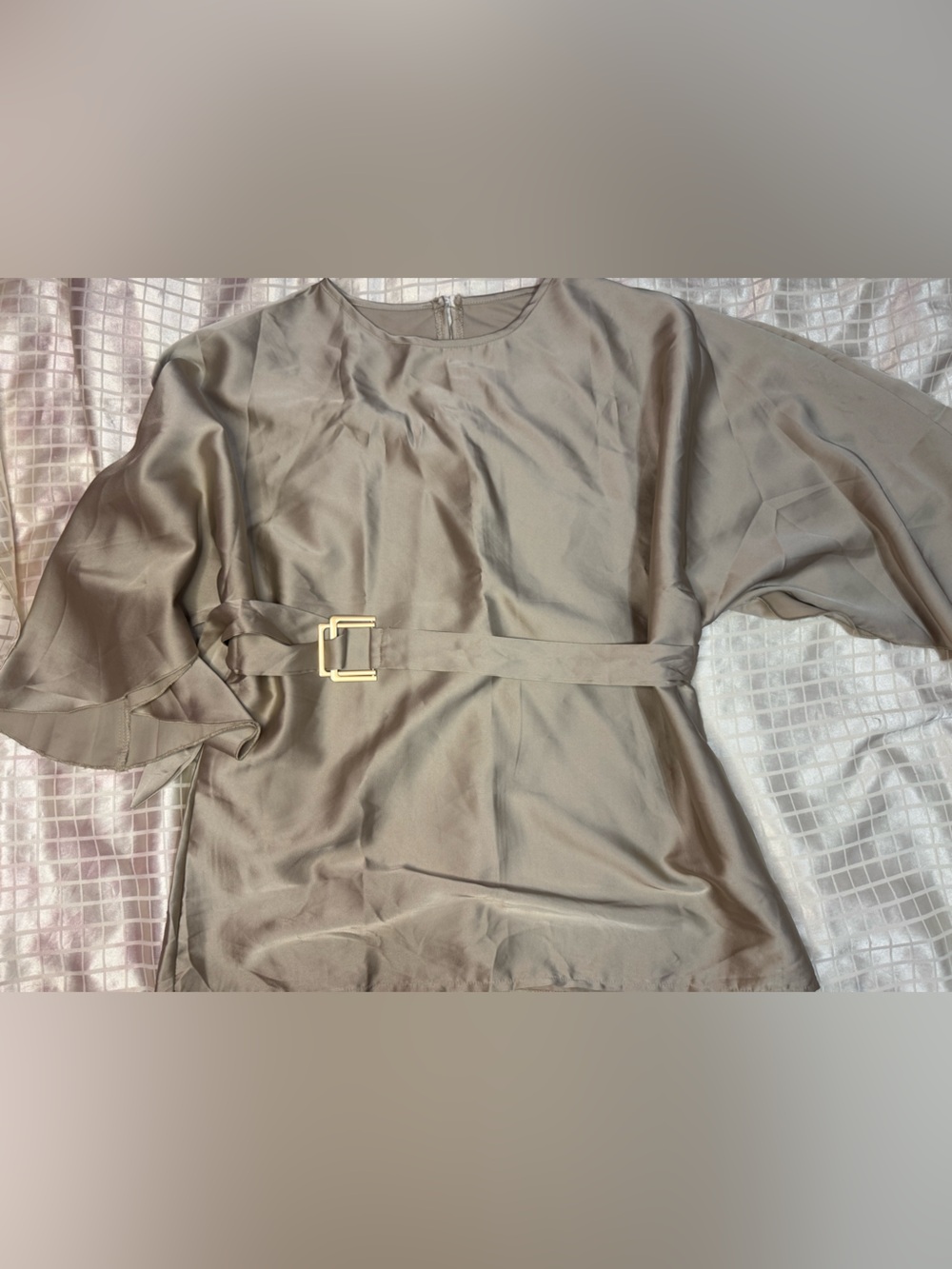 Satin Belted Women's Top in Taupe
